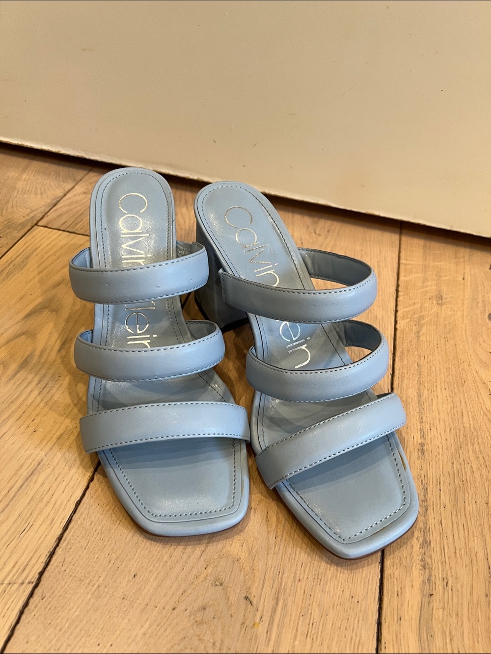 Calvin Klein Powder Blue Triple-Strap Block Heel Sandals